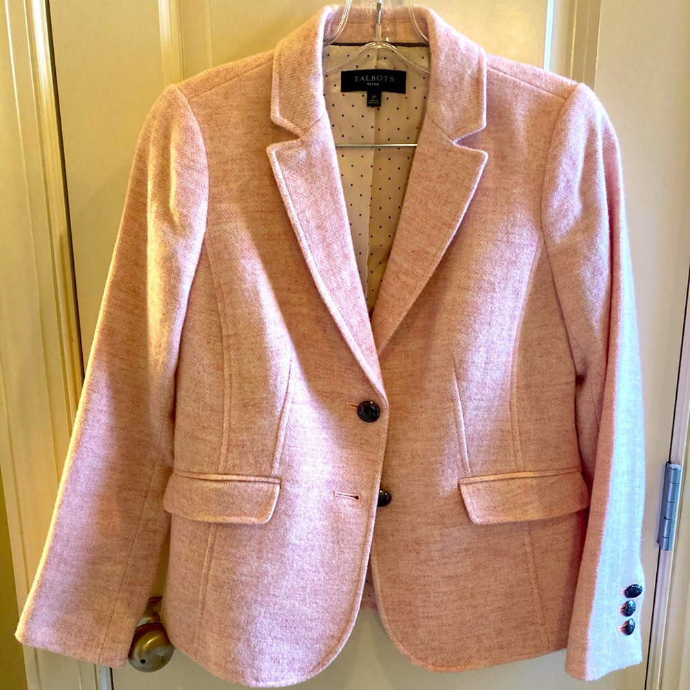Talbots pink wool blazer with polka dot lining. Size 2 petite.